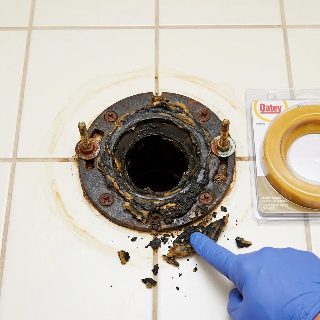Failed wax ring showing water seepage at the base of a toilet in a Monticello, MO home