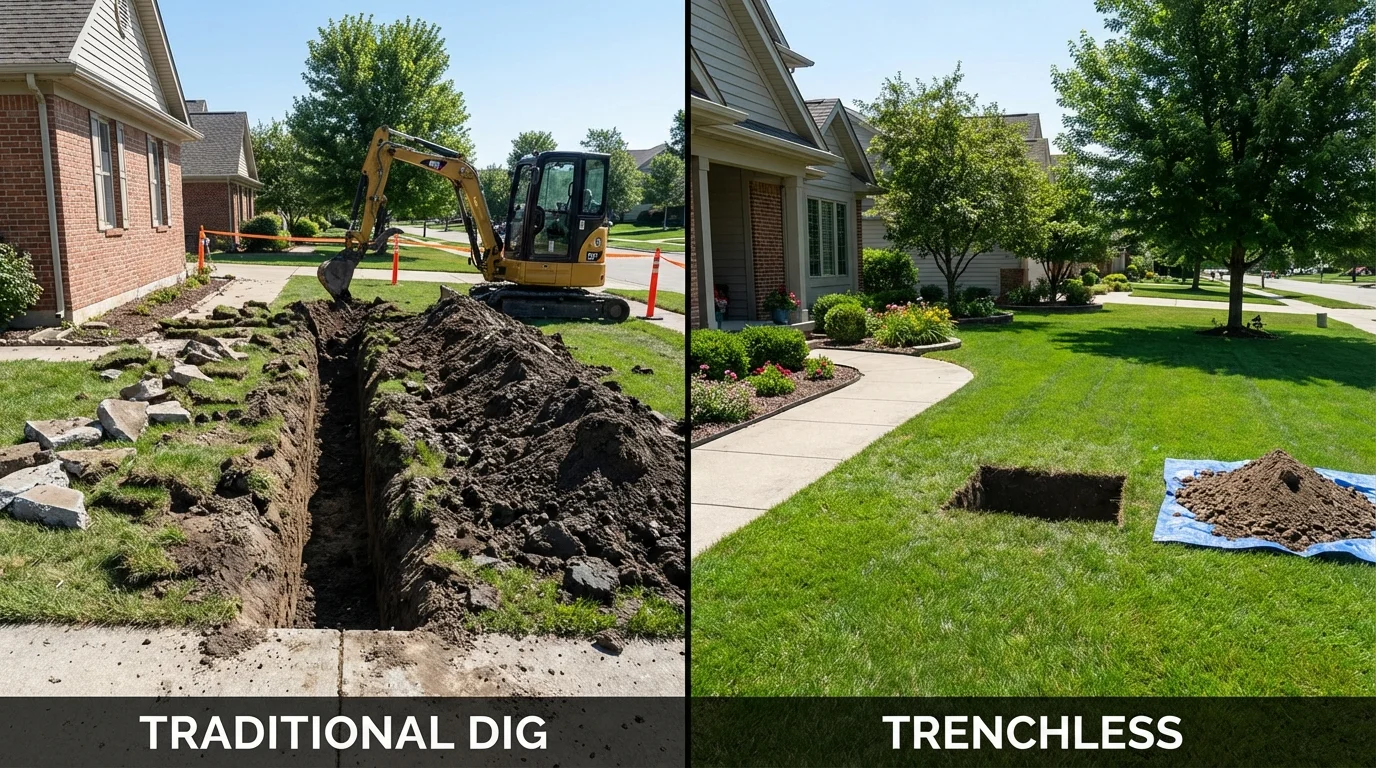 Trenchless sewer repair with minimal yard damage versus traditional excavation in Monticello, MO