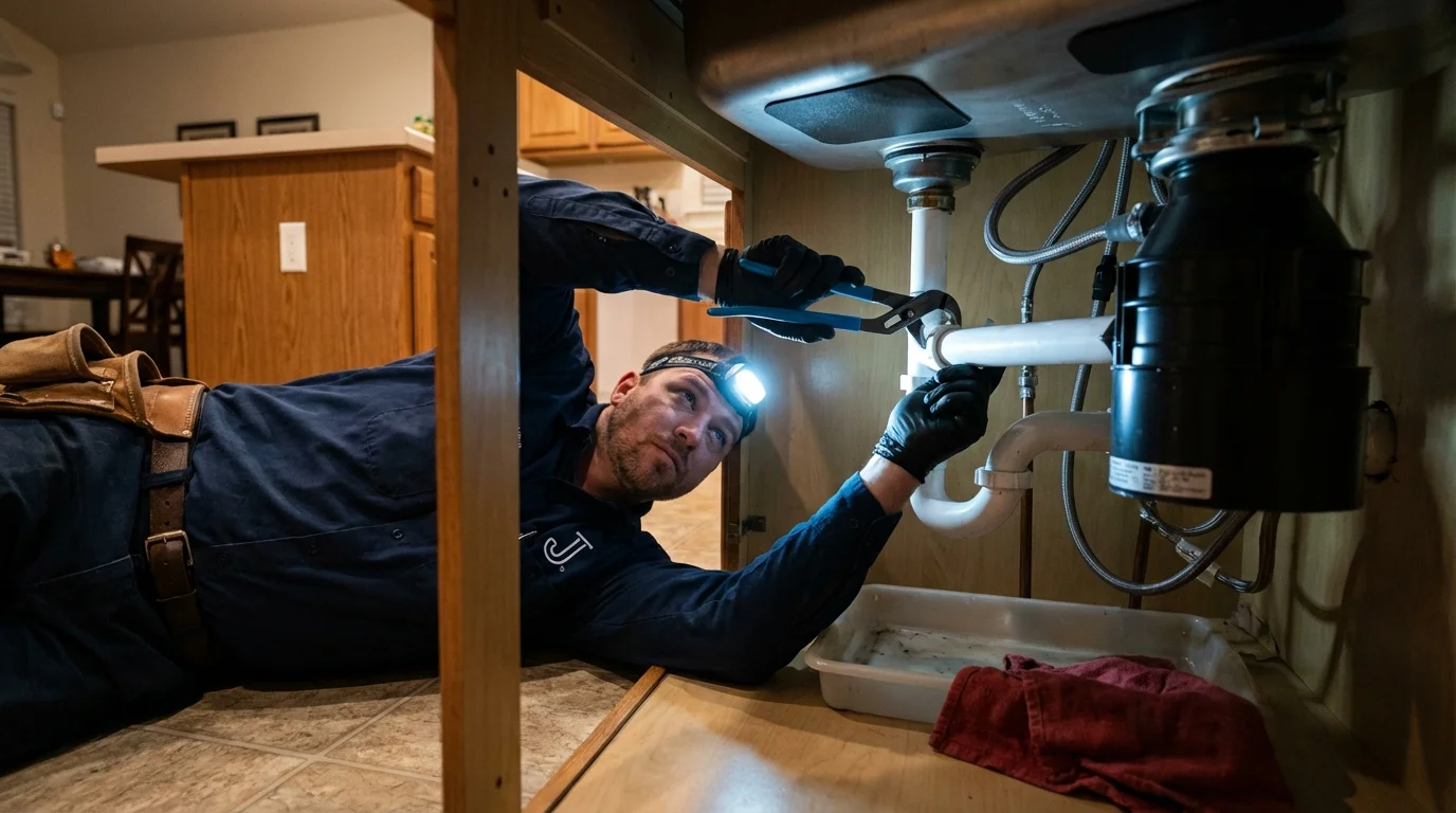 P-trap and supply line connections under a kitchen sink showing a common leak point in Monticello, MO